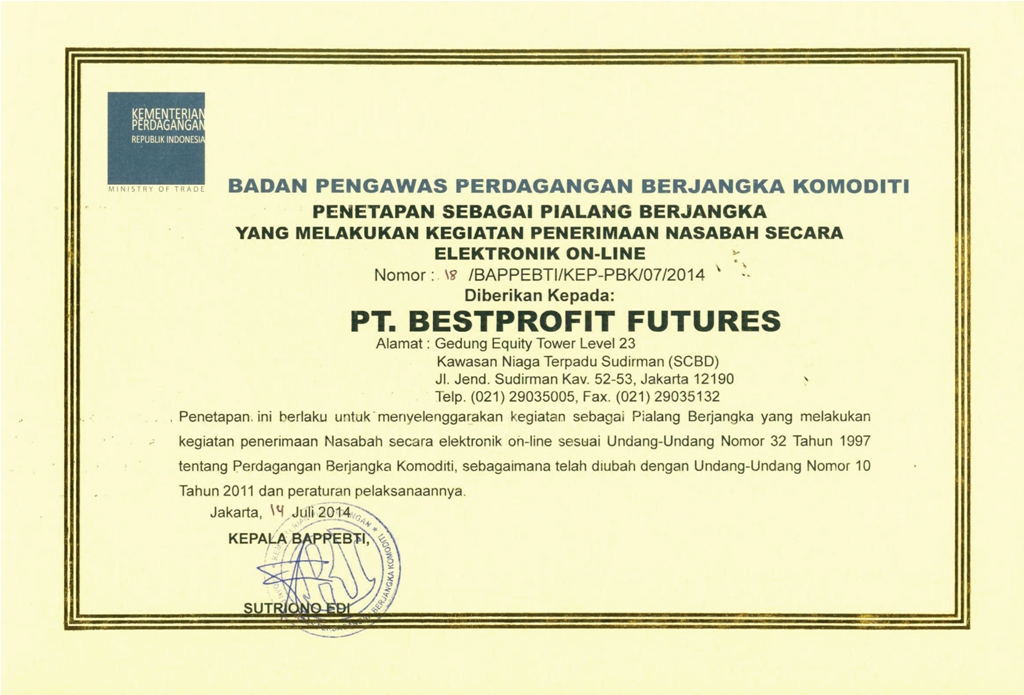 010. Sertifikat Penetapan sebagai pialang berjangka yang melakukan penerimaan nasabah secara Elektronik ONLINE PT BPF